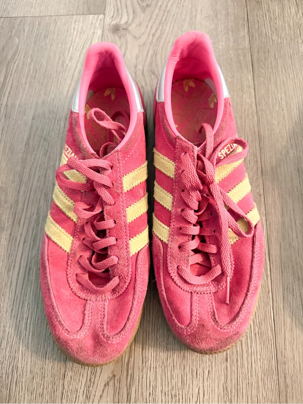 adidas Women’s Pink Suede Originals Handball Spezial with Yellow Stripes